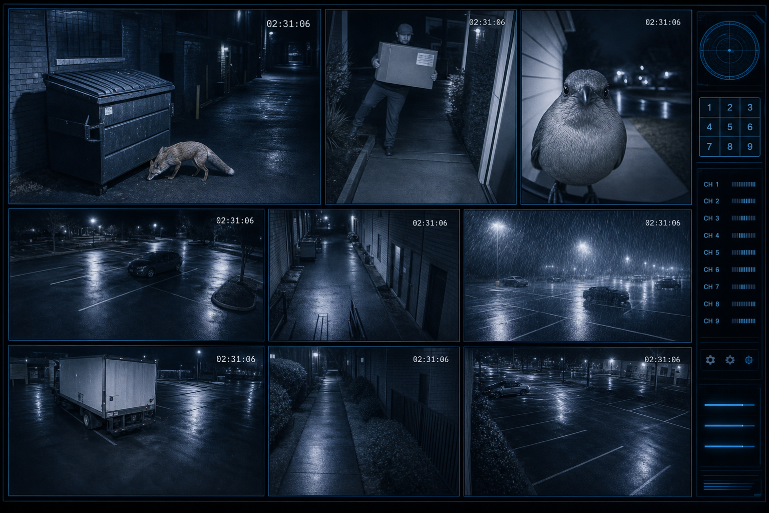 Mosaïque de captures de caméras de surveillance : animal nocturne, livreur, oiseau, pluie